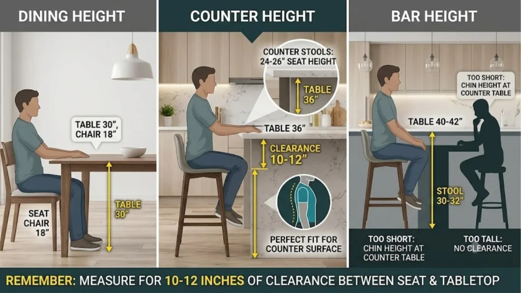 A seating height comparison guide infographic showing proper stool and chair clearances for a dining table, a 36-inch counter table, and a 40-to-42-inch bar table to ensure a perfect fit.