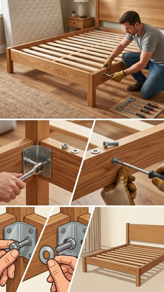 A multi-panel compilation showing a man wearing work gloves tightening bolts on a wooden platform bed frame using a wrench and screwdriver, with detailed close-ups and diagrams illustrating how to properly assemble corner brackets, washers, and screws to eliminate loose joints.