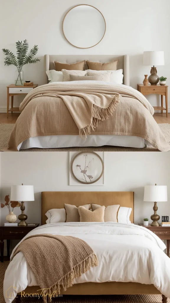 Elegant small bedroom ideas showcasing beds styled as the central focal point with symmetrical nightstands and minimal round wall art.