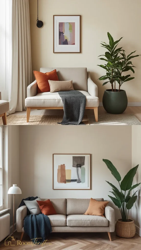 Warm small bedroom ideas utilizing a relaxed neutral color palette with gentle terracotta and olive green accents.