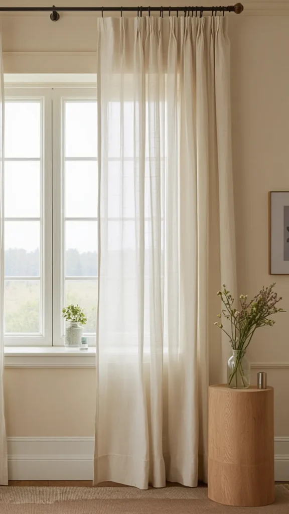Elegant small bedroom ideas utilizing high-hanging, long ivory sheer curtains to create the illusion of taller ceilings.