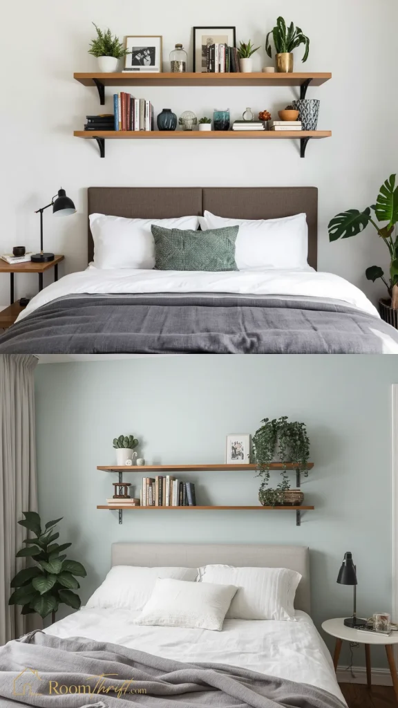 Efficient small bedroom ideas showing floating wooden shelves mounted directly above the headboard for books, art, and decor.