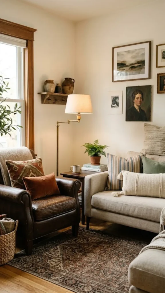 An ornate, vintage patterned area rug anchoring a classic brown leather armchair and a light gray fabric sofa, showing a cohesive way to mix and match living room furniture.