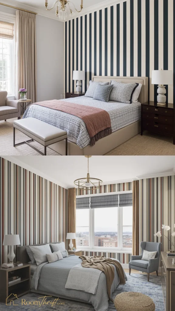 Dynamic small bedroom ideas incorporating bold vertical striped wallpaper to visually heighten low ceilings.