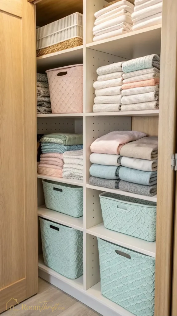 Efficient small bedroom ideas displaying a beautifully organized vertical wardrobe with stacked linens and matching mint green baskets.