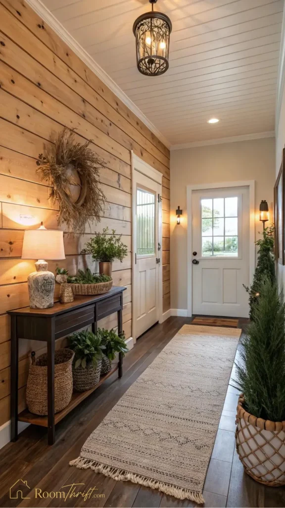 Welcoming small bedroom ideas highlighting a home entryway covered in natural warm wood wall planks and matching woven rugs.