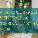 A blog post header collage demonstrating what colors teal goes with, featuring split-screen windows of a minimal white bedroom, a cozy reading nook with a yellow armchair, shelf decor, and center text reading "WHAT COLOR GOES WITH TEAL? 10 COMBINATIONS THAT WORK"