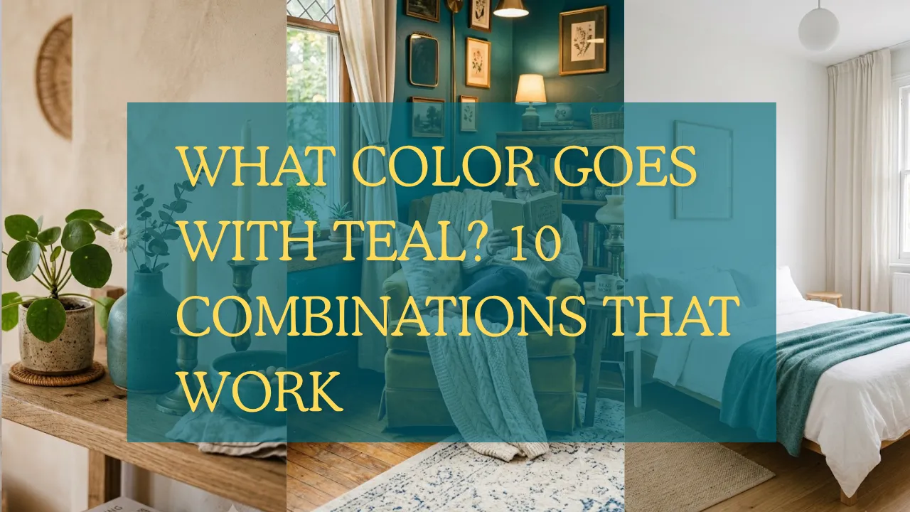 A blog post header collage demonstrating what colors teal goes with, featuring split-screen windows of a minimal white bedroom, a cozy reading nook with a yellow armchair, shelf decor, and center text reading "WHAT COLOR GOES WITH TEAL? 10 COMBINATIONS THAT WORK"