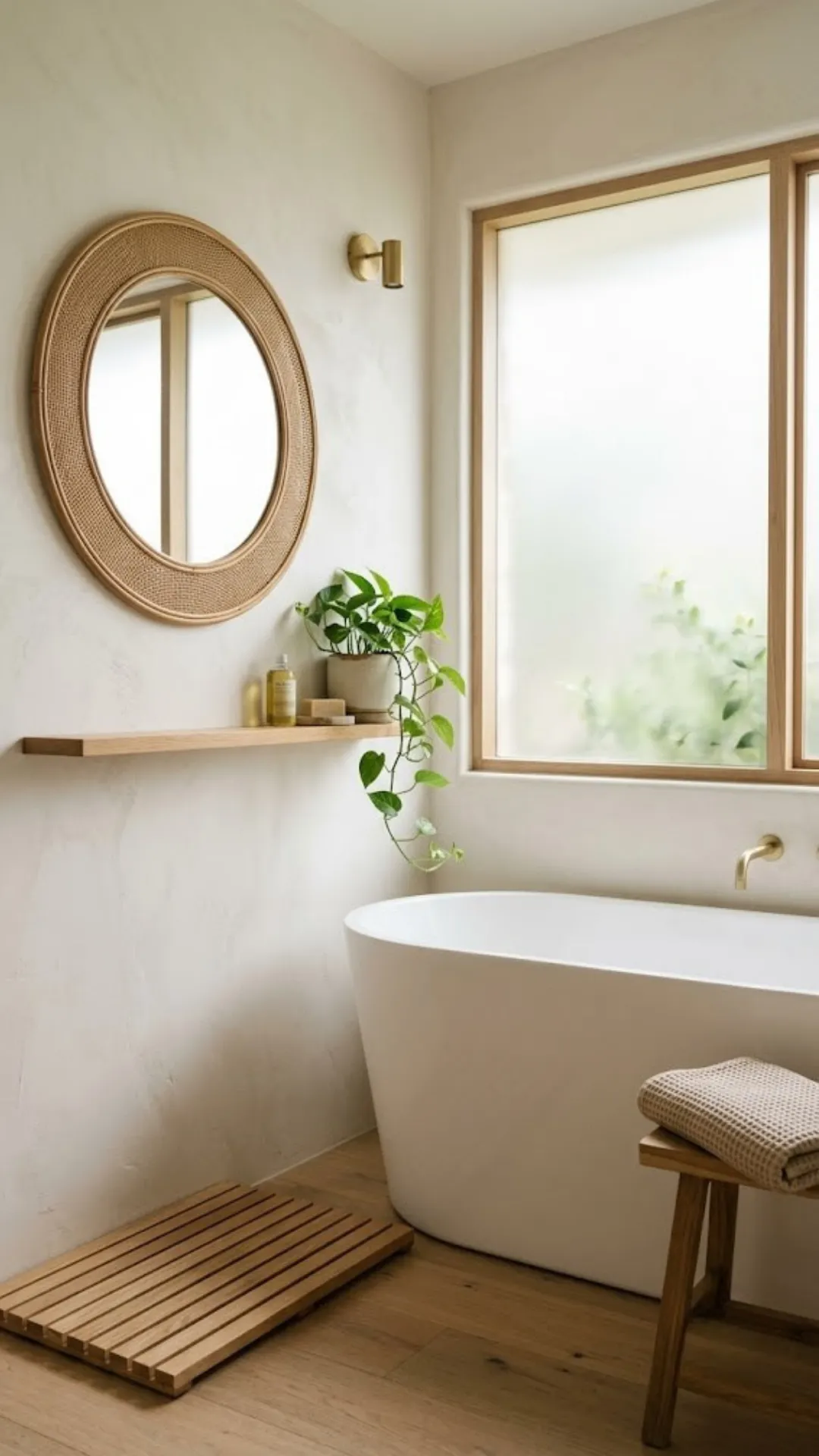 A bright japandi bathroom layout featuring a contemporary freestanding soaking tub, a round rattan-framed mirror, a trailing green pothos plant, and a rustic wooden slatted bath mat.