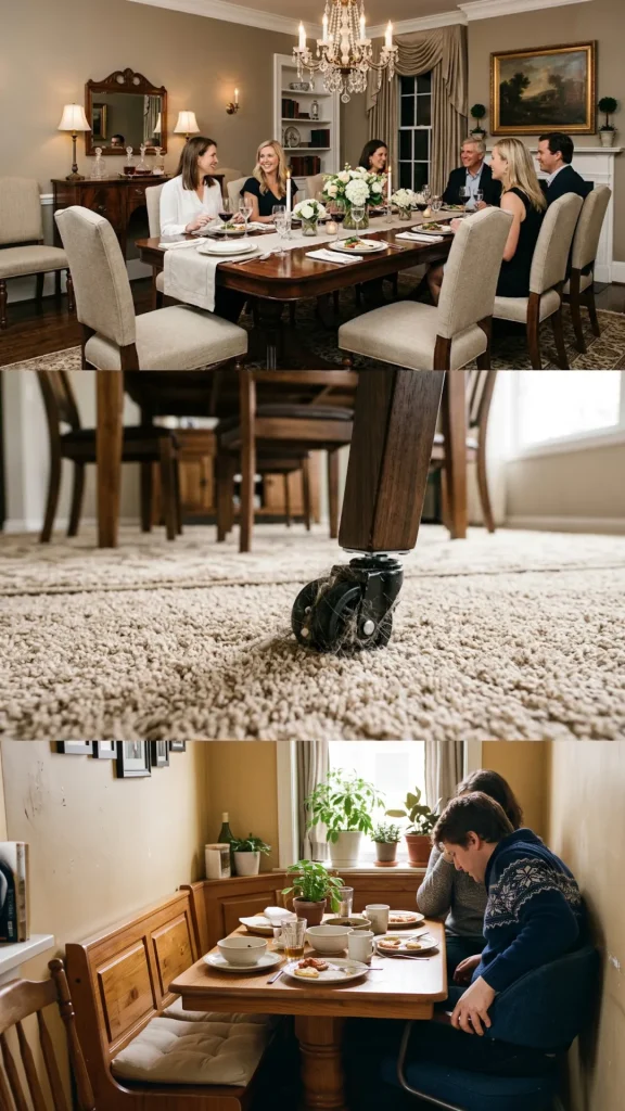 "Close-up of a dining chair caster wheel tangled with carpet fibers, next to a formal dining room and a family squeezed into a tight breakfast nook"