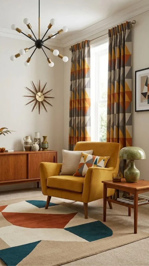 Affordable mid century modern home decor accents including a bright yellow accent armchair, a geometric patterned rug, a classic starburst wall clock, and a sputnik chandelier.