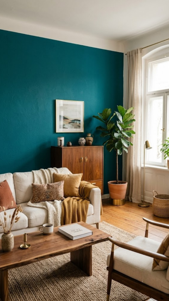 A beautifully designed living room exploring what colors teal goes with, featuring a bold teal accent wall paired harmoniously with a cream sofa, warm wood furniture, and mustard yellow textile accents.