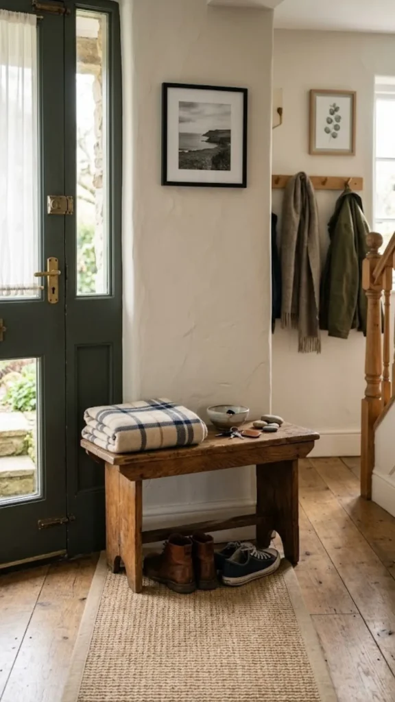 A small wooden bench placed next to a glass panel front door on a textured runner rug, serving as a smart seating option when implementing no entryway ideas.