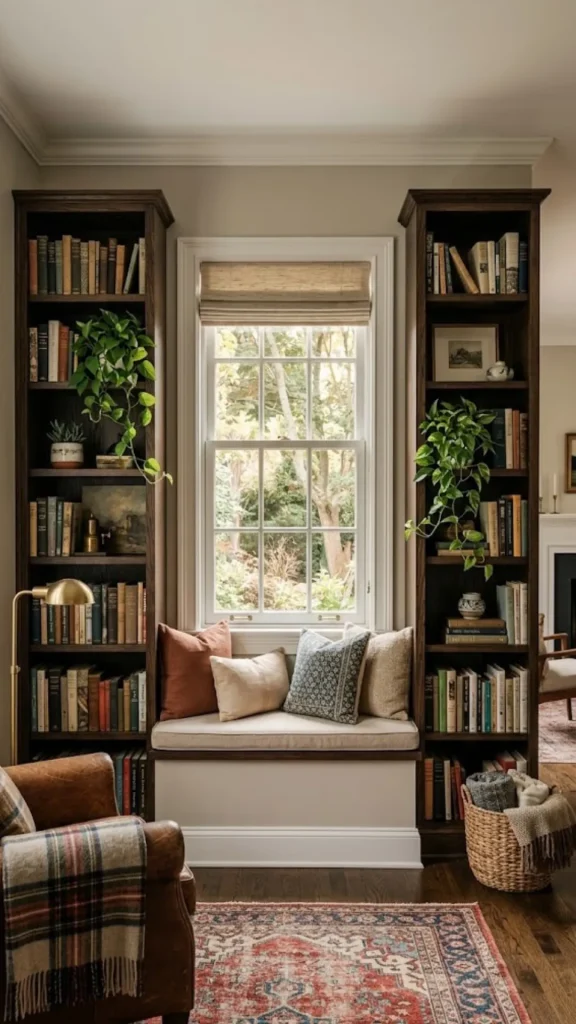 A cozy reading nook showcasing den room decorating ideas with a window seat flanked by tall wooden bookshelves, layered with textured pillows, and anchored by a classic red patterned rug.