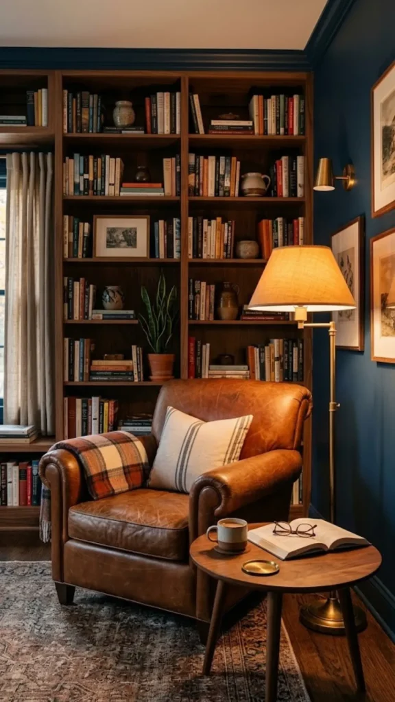 Moody den room decorating ideas featuring deep navy blue walls, a large floor-to-ceiling wooden bookcase, a brown leather armchair, and a warm brass floor lamp casting soft ambient light.