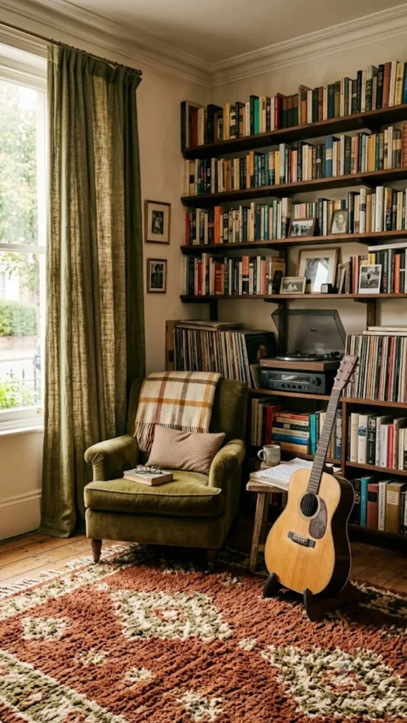 Cozy music room ideas showing an acoustic guitar on a stand next to a green velvet armchair, a large floor-to-ceiling bookshelf filled with vinyl records, and a thick patterned rug for dampening sound