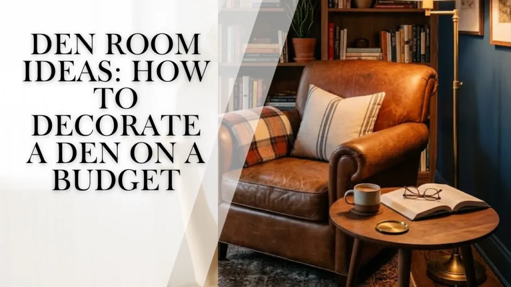 A blog post header banner graphic showing cozy den room decorating ideas with text overlay that reads "DEN ROOM IDEAS: HOW TO DECORATE A DEN ON A BUDGET" across a moody reading space with a classic brown leather armchair, dark navy walls, and a wooden side table.