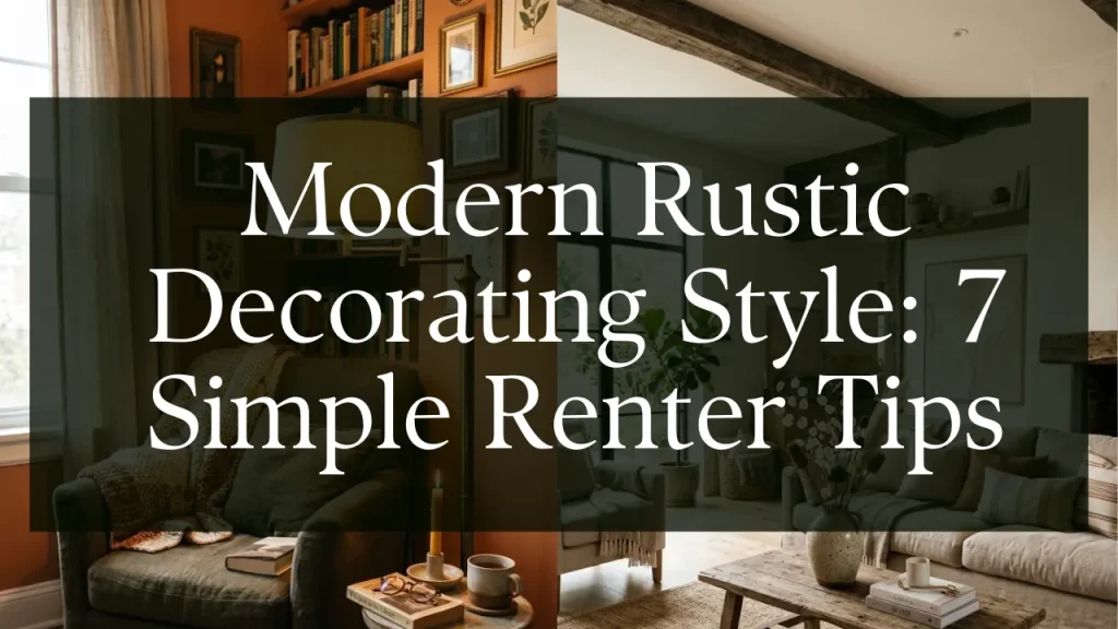 A blog post title header banner image highlighting a modern rustic decorating style split into two panels showing an intimate terracotta-walled reading corner and an airy neutral living room with wooden beams, with center text overlay reading "Modern Rustic Decorating Style: 7 Simple Renter Tips".
