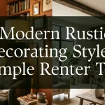 A blog post title header banner image highlighting a modern rustic decorating style split into two panels showing an intimate terracotta-walled reading corner and an airy neutral living room with wooden beams, with center text overlay reading "Modern Rustic Decorating Style: 7 Simple Renter Tips".