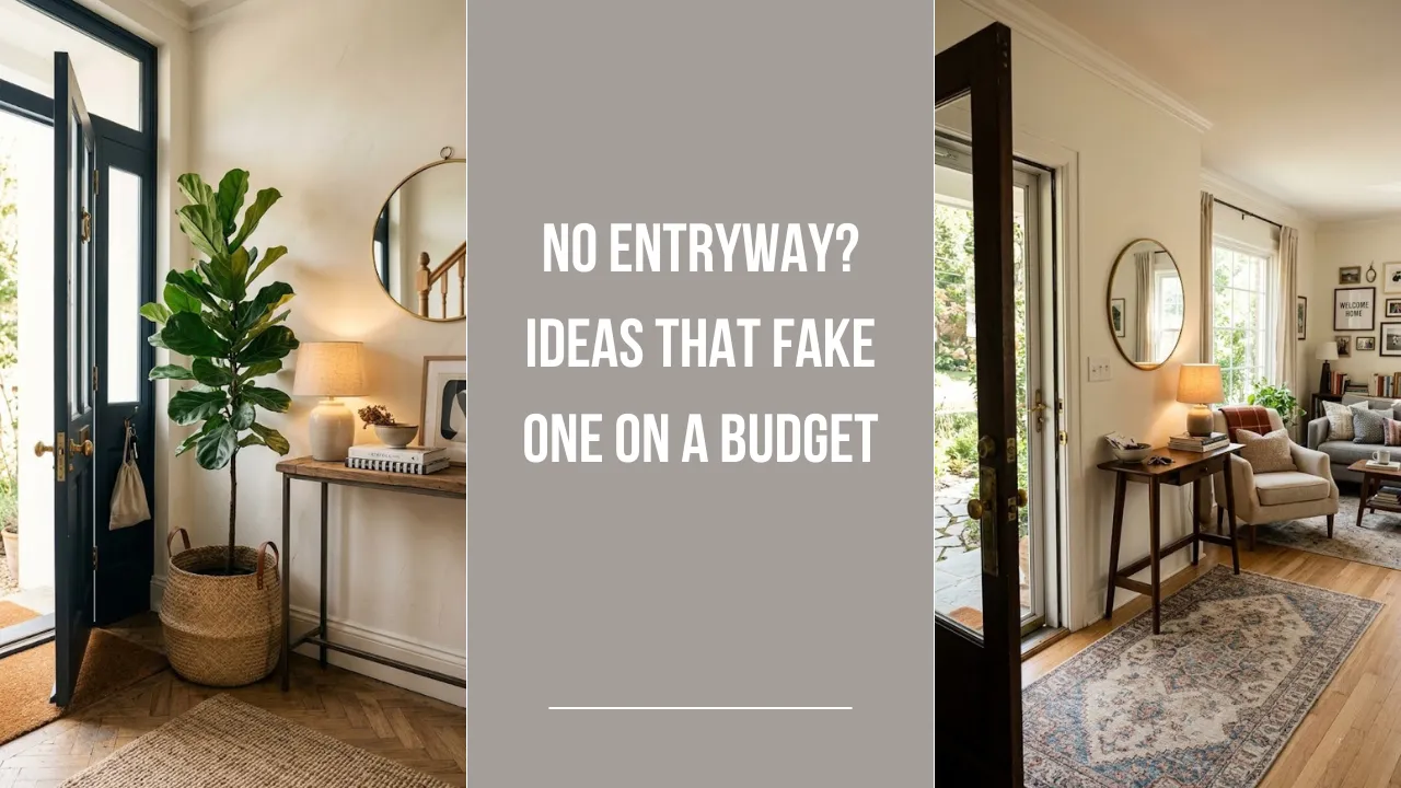 A blog post title collage exploring creative no entryway ideas, featuring split-screen photos of styled narrow console tables, large floor plants, and wall mirrors next to open front doors, with center text reading "NO ENTRYWAY? IDEAS THAT FAKE ONE ON A BUDGET".