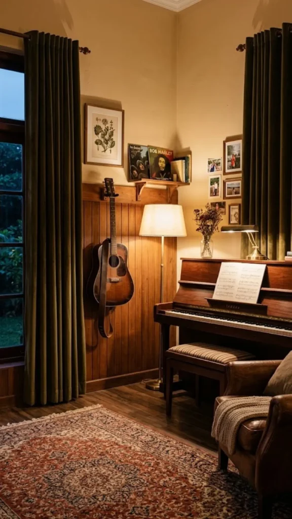 Warm and inviting music room ideas displaying a wooden upright piano with sheet music, a guitar mounted on a wood-paneled wall, heavy velvet window curtains, and soft ambient floor lamps.