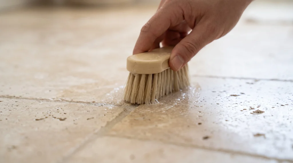 Close-up of a hand holding a wooden soft-bristle brush gently scrubbing a grout line between beige travertine floor tiles.