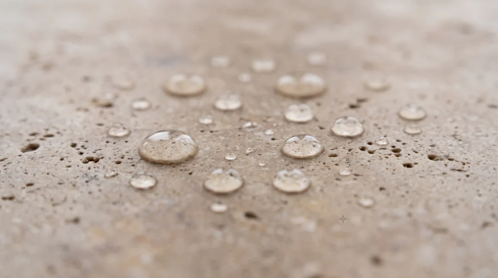 Macro shot of clear water droplets beading up on the porous surface of a sealed beige travertine tile.