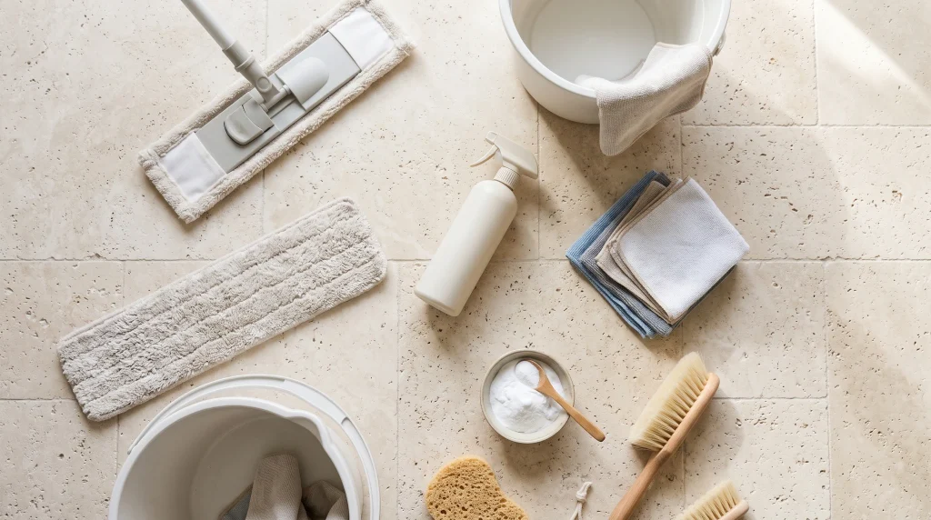 Top-down flat lay on a light travertine floor showing cleaning supplies including a microfiber mop head, white buckets, an unlabeled spray bottle, folded microfiber cloths, baking soda, and a soft-bristle brush