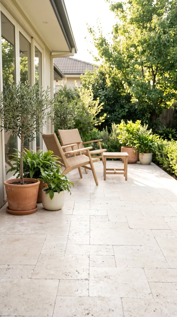 Sunlit outdoor patio with clean cream travertine pavers, terracotta potted plants, and two woven wooden outdoor lounge chairs.