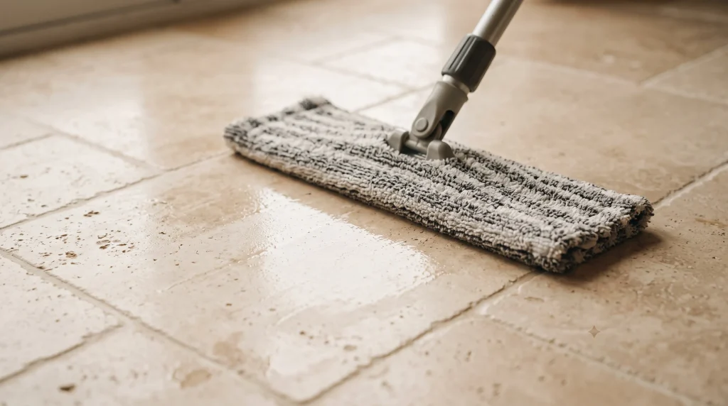 Close-up of a damp flat microfiber mop gliding across honed ivory travertine floor tiles with a thin sheen of water catching warm daylight.