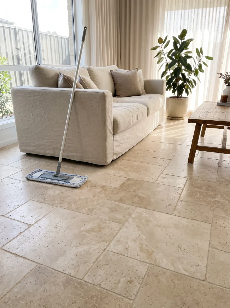 Bright, airy living room with clean honed beige travertine floor tiles and a flat microfiber mop leaning against a linen sofa.